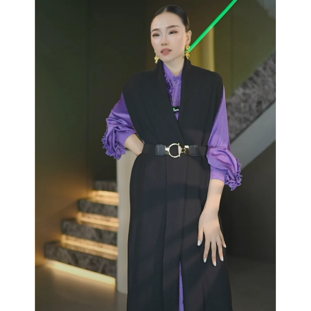 麦子原创时尚百搭气质优雅 马甲女中长款 开衫显瘦毛织黑色马夹