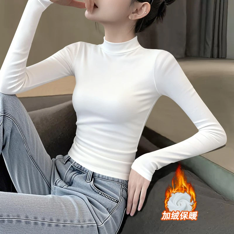 德绒白色半高领气质长袖T恤女正肩秋冬新款内搭修身打底衫上衣潮