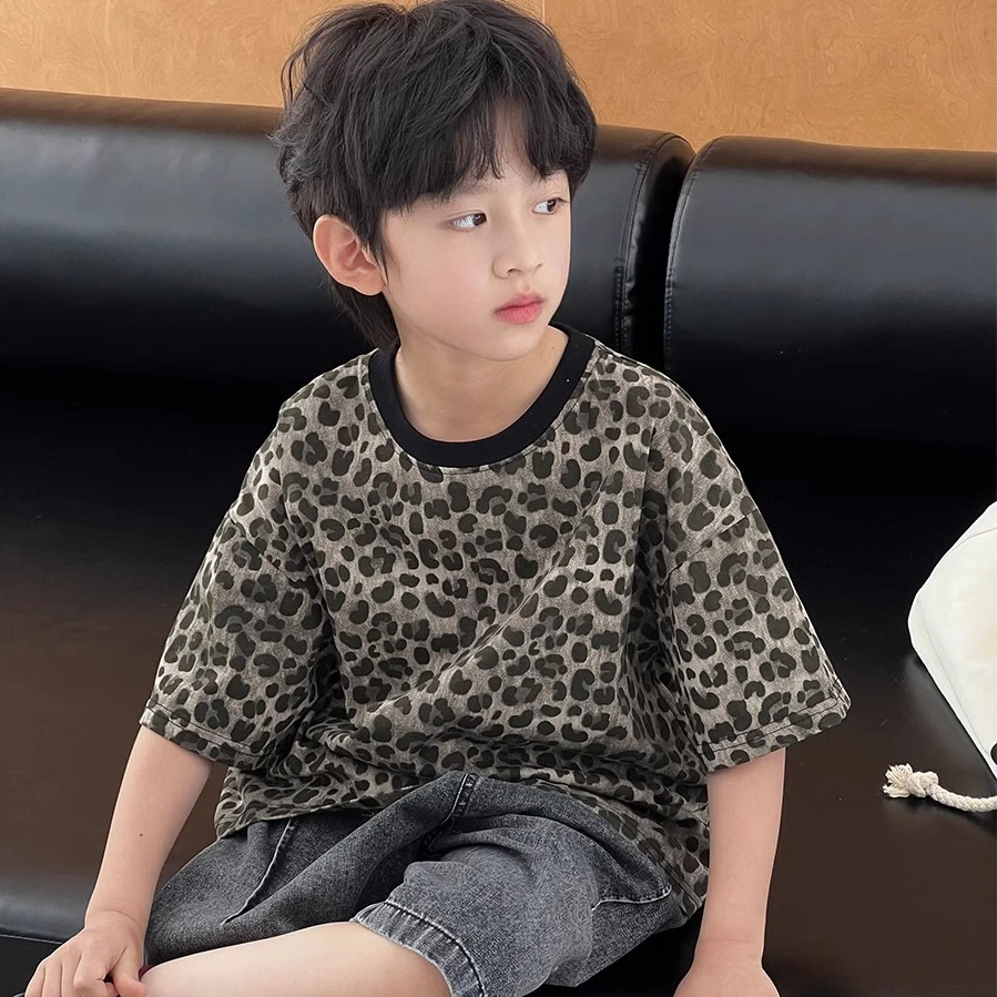 男童豹纹短袖T恤2025新款夏款儿童童装中小童时髦半袖男孩上衣潮t
