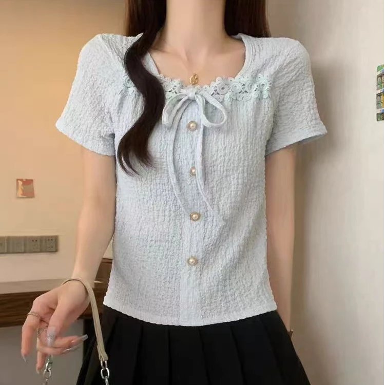 蕾丝方领正肩短袖T恤女夏季肌理感上衣3626# 衣长50