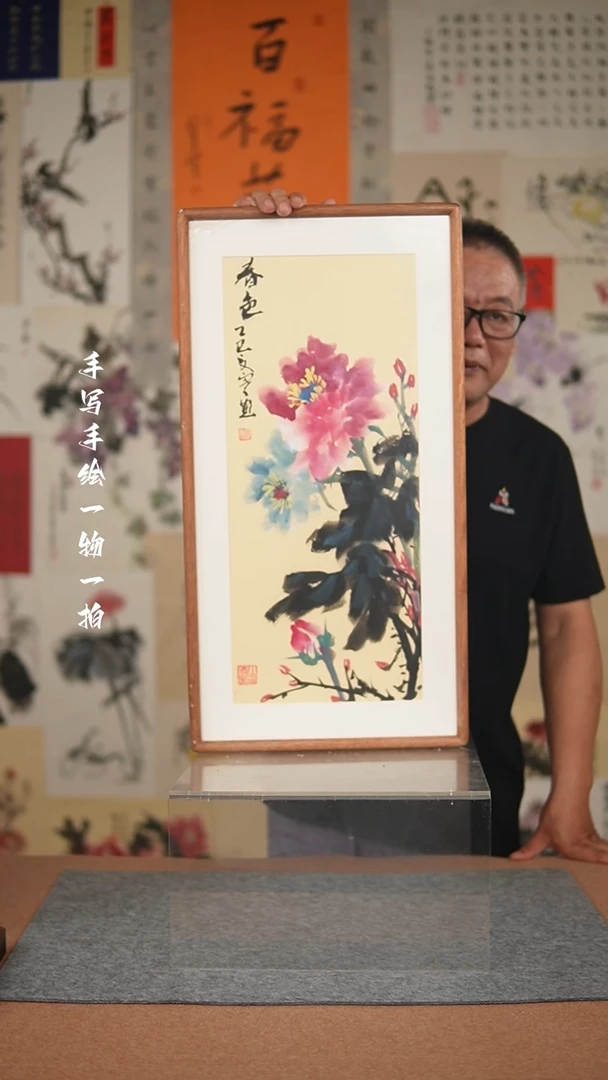 国画手绘-36*69实木框花鸟