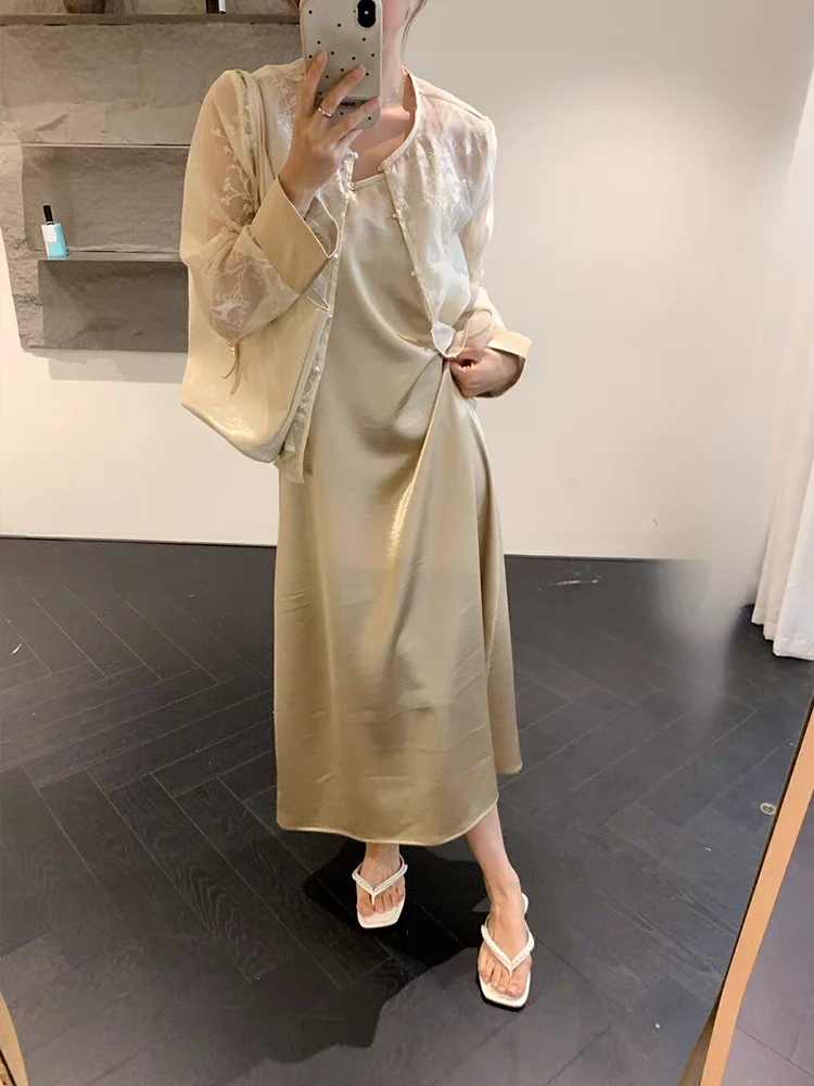 321-2春夏根纱开衫外套女长袖+缎面吊带连衣裙两件套装