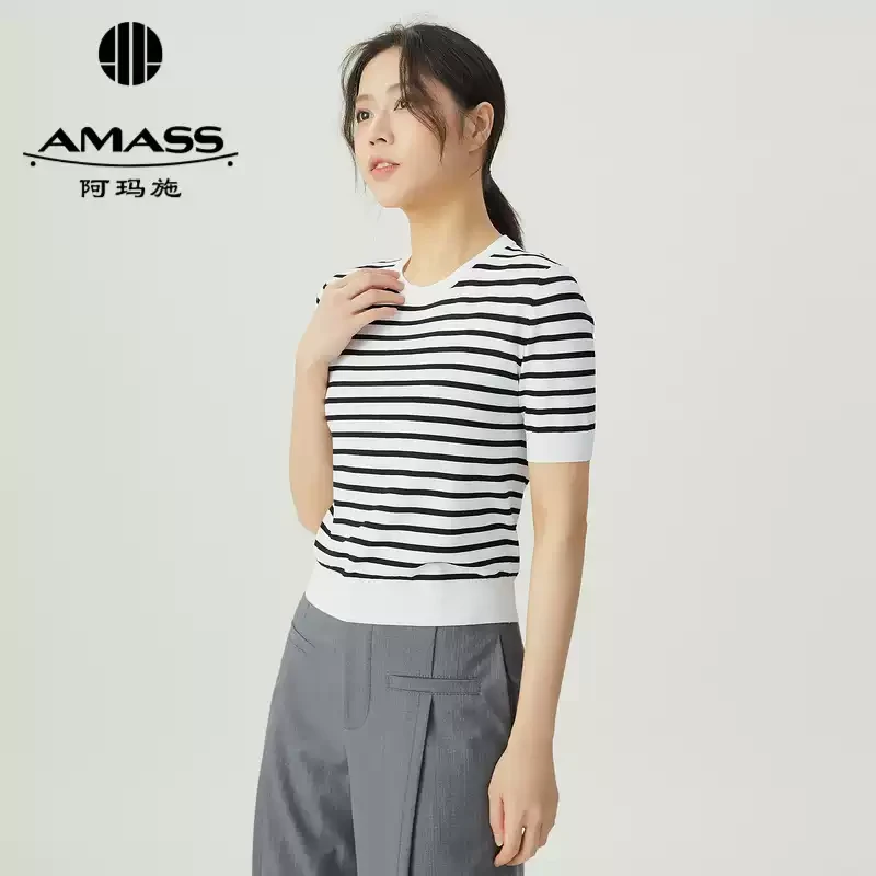 阿玛施女装夏季25新款多巴胺条纹圆领针织短阿玛施针织开衫