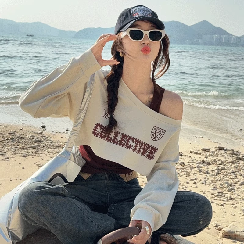 杏色修身斜肩长袖T恤女2025春夏季新款卫衣吊带两件套装露肩上衣