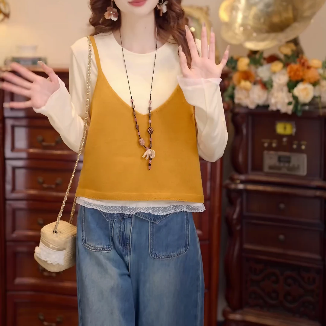 【水溶C】2025秋季新款复古港风毛织背心+T恤两件套上衣LK2506016