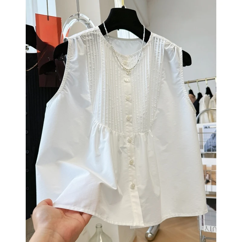 韩系减龄高级感褶皱A字娃娃衫女夏圆领无袖衬衫外穿马甲背心上衣