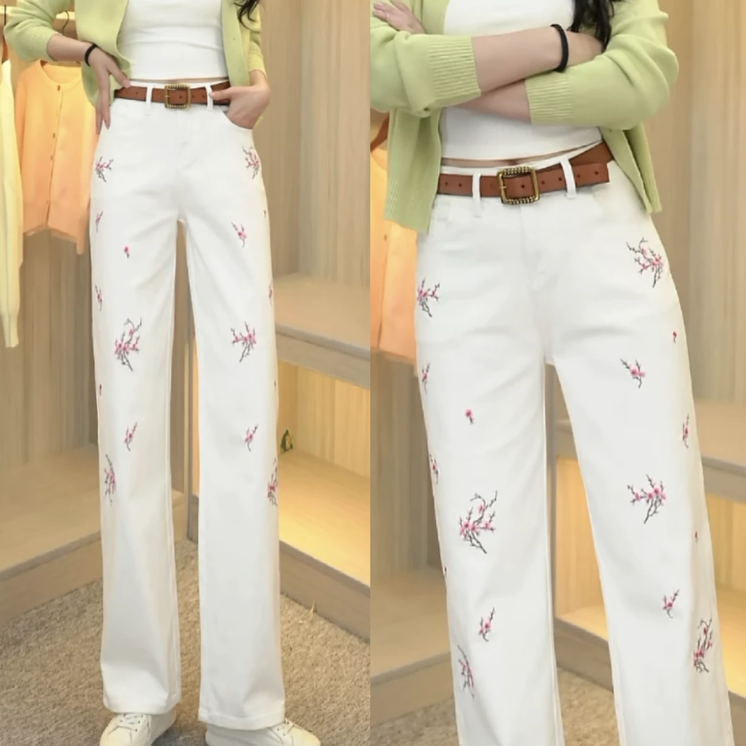 秋季国风绣花直筒阔腿牛仔裤国风女士白色直筒时尚显瘦窄版