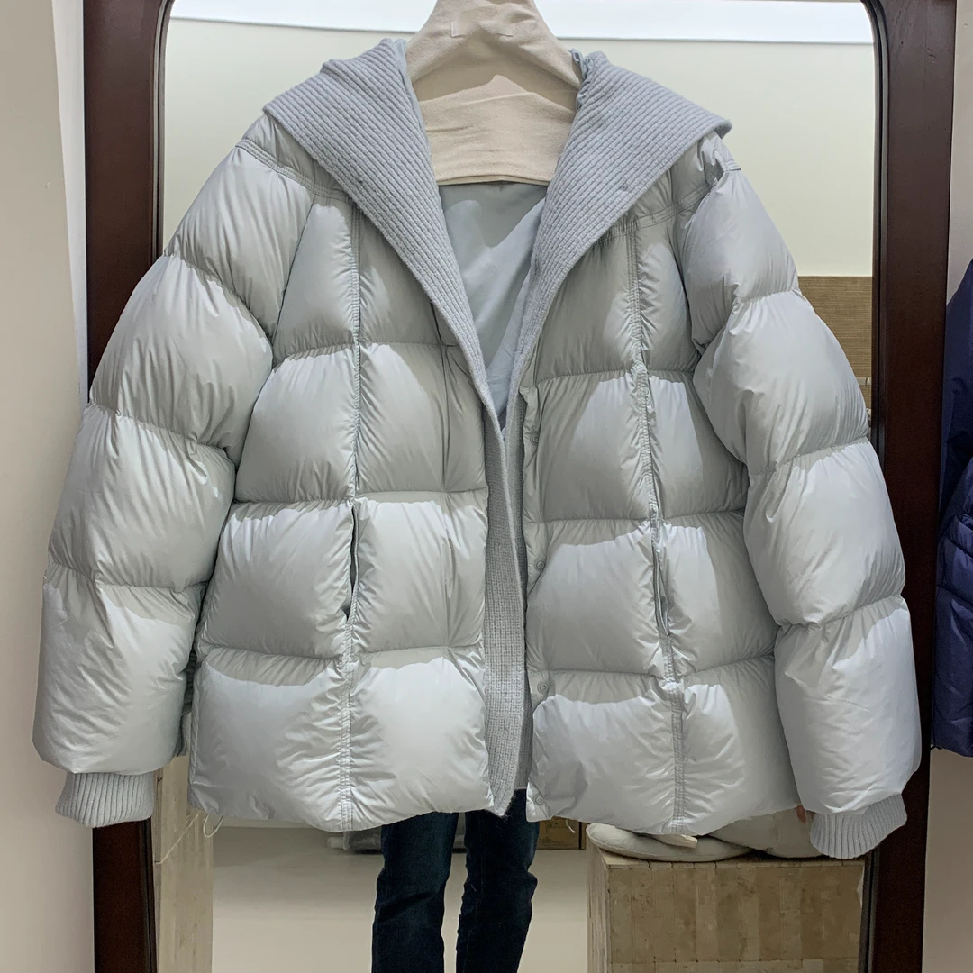 韩系针织帽拼接短款羽绒服女2025冬季新款宽松保暖白鸭绒外套潮