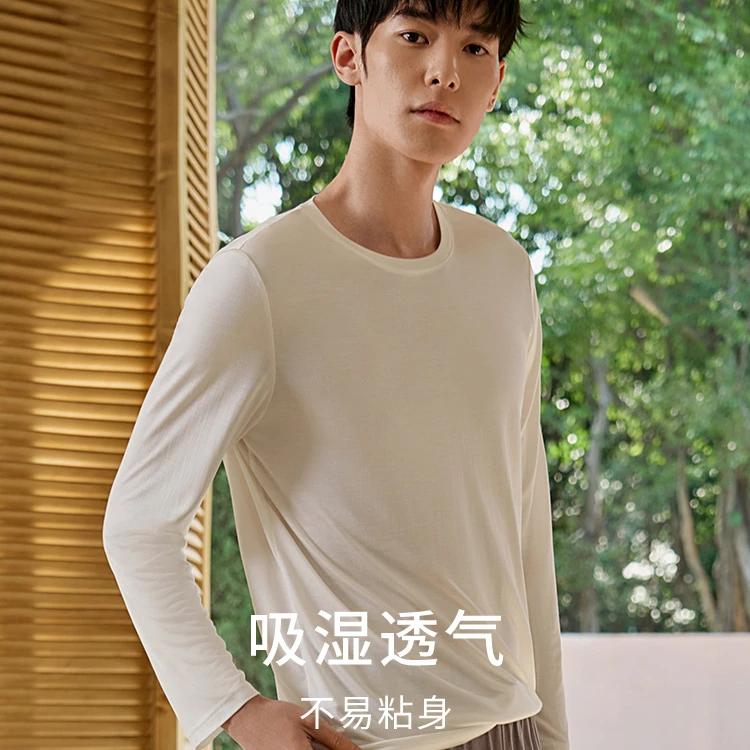 金三塔100%桑蚕丝真丝深睡眠系列男士简约长袖T恤圆领秋款可外穿