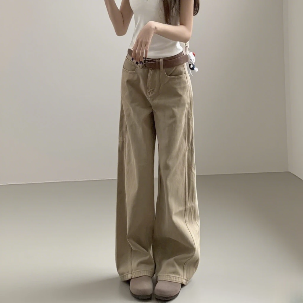 小个子高街复古卡其色牛仔长裤女夏季新款高腰显瘦宽松阔腿拖地裤