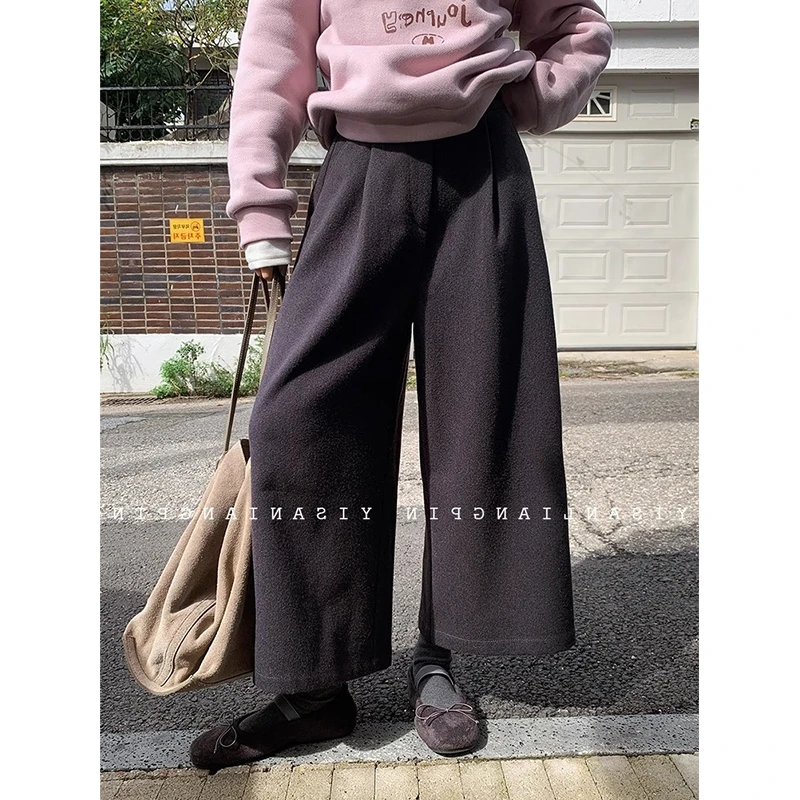 耶古原宿风灰色七分直筒裤女秋冬新款高腰宽松显瘦毛呢阔腿裤子
