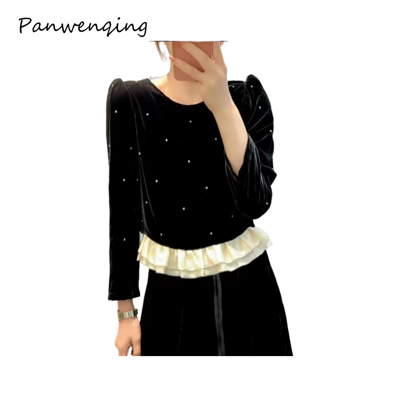 上衣圆领丝绒下摆拼接荷叶边亮钻气质5027