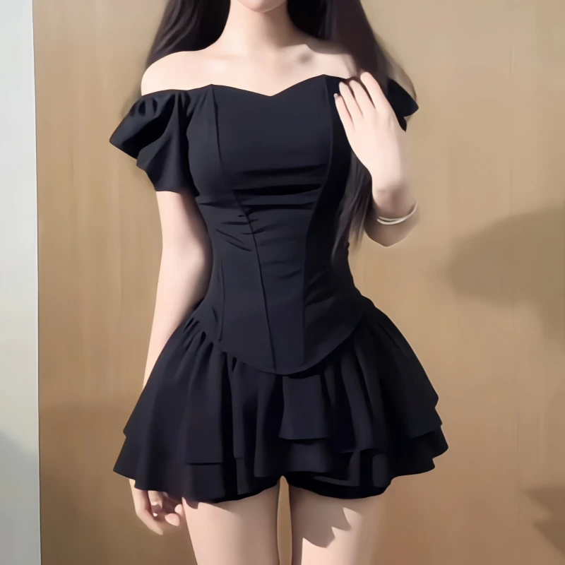 iqcq气球熊纯欲辣妹鱼骨修身收腰短袖上衣女夏季黑色蓬蓬裙裤套装