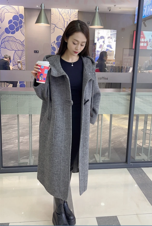 新款秋冬韩版牛角扣休闲连帽中长款手工缝制双面大衣外套8832女装