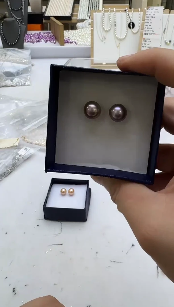 银S925镶嵌淡水珍珠耳钉11-12mm 紫珠耳钉-新品