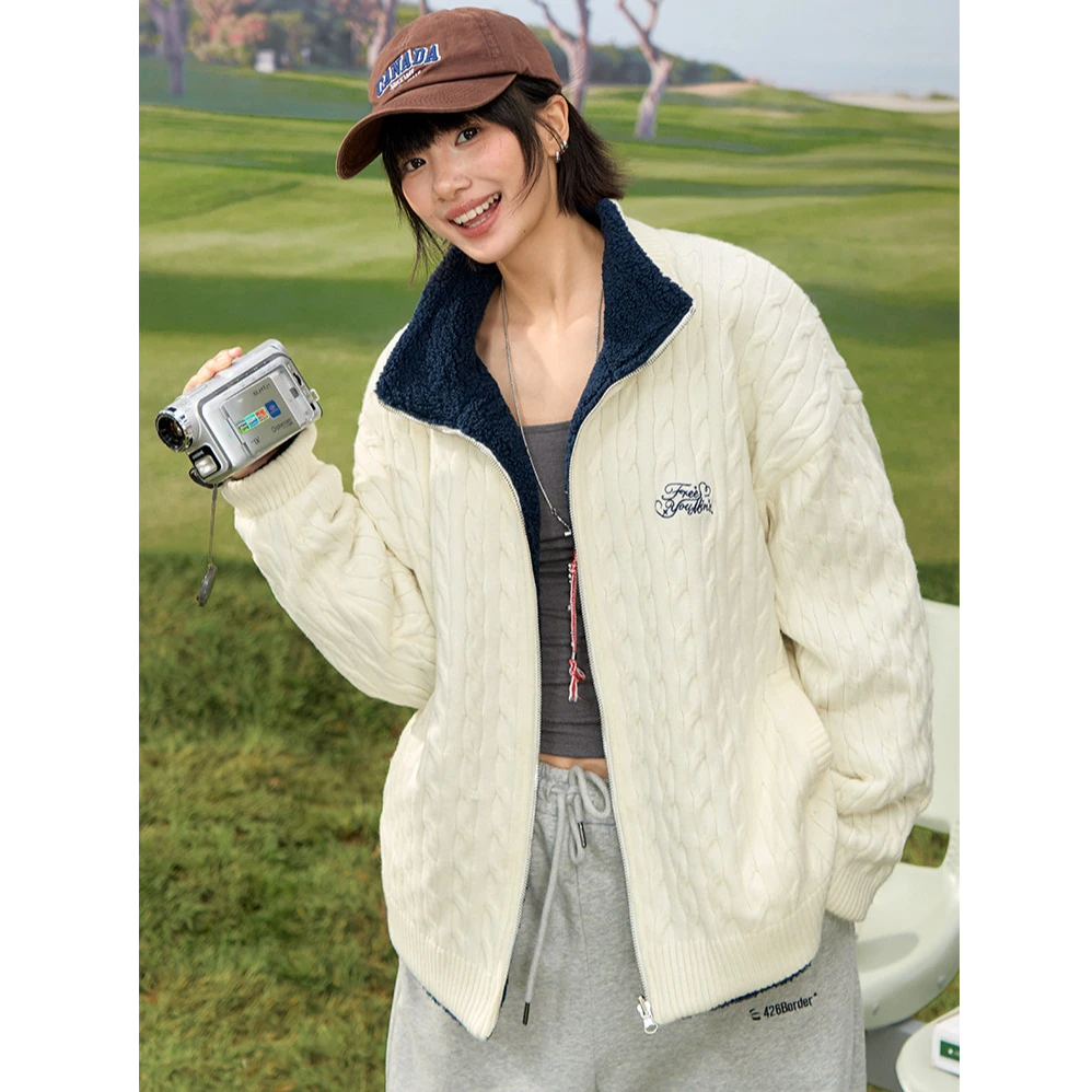 F426国潮牌冬季新款复古休闲针织拼仿羊羔绒两面穿外套7966