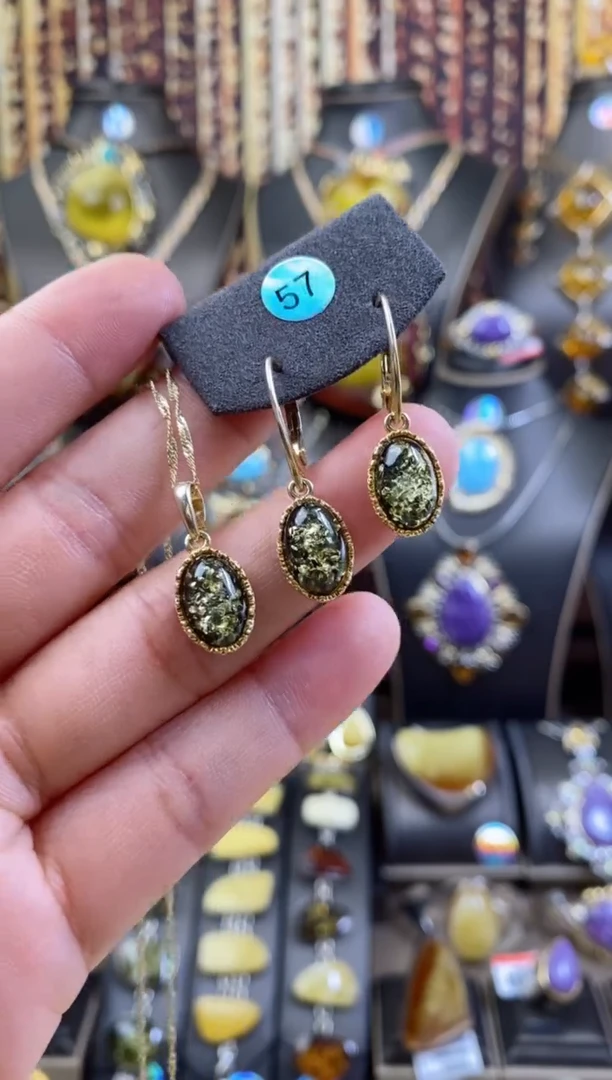 银S925镶嵌琥珀耳饰绿珀套装