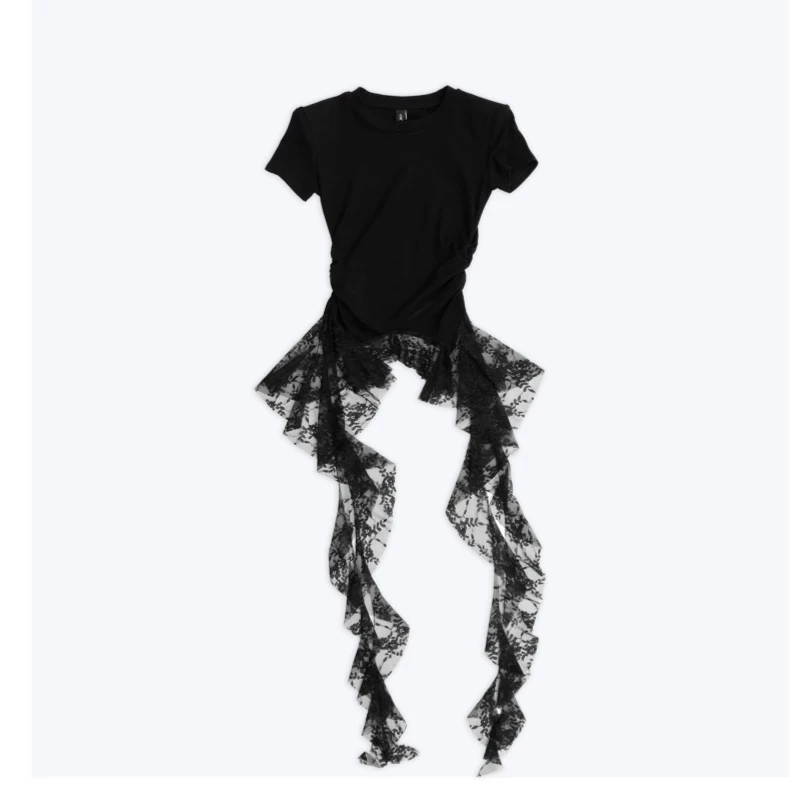 2025年夏季小众新款圆领掐腰褶收腰蕾丝飘带拼接短袖T恤修身上衣