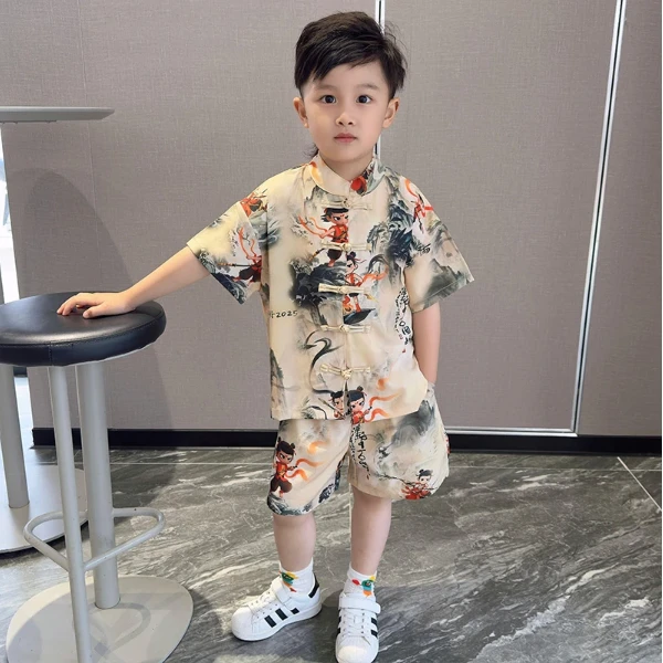 儿童新款男宝哪吒衣服夏季汉服国风中式套装男童夏装套装短袖服装