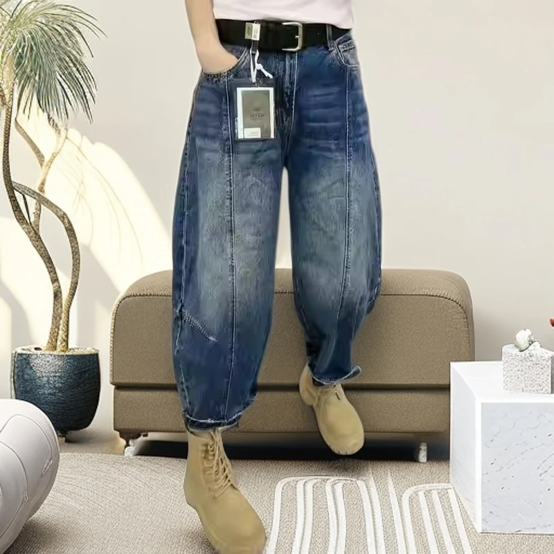 九分弯刀牛仔裤女秋季新款大码胖mm显瘦高腰宽松阔腿裤哈伦老爹裤