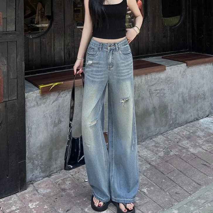 小个子辣妹美式破洞直筒牛仔裤女薄款2025夏季高腰显瘦窄版阔腿裤