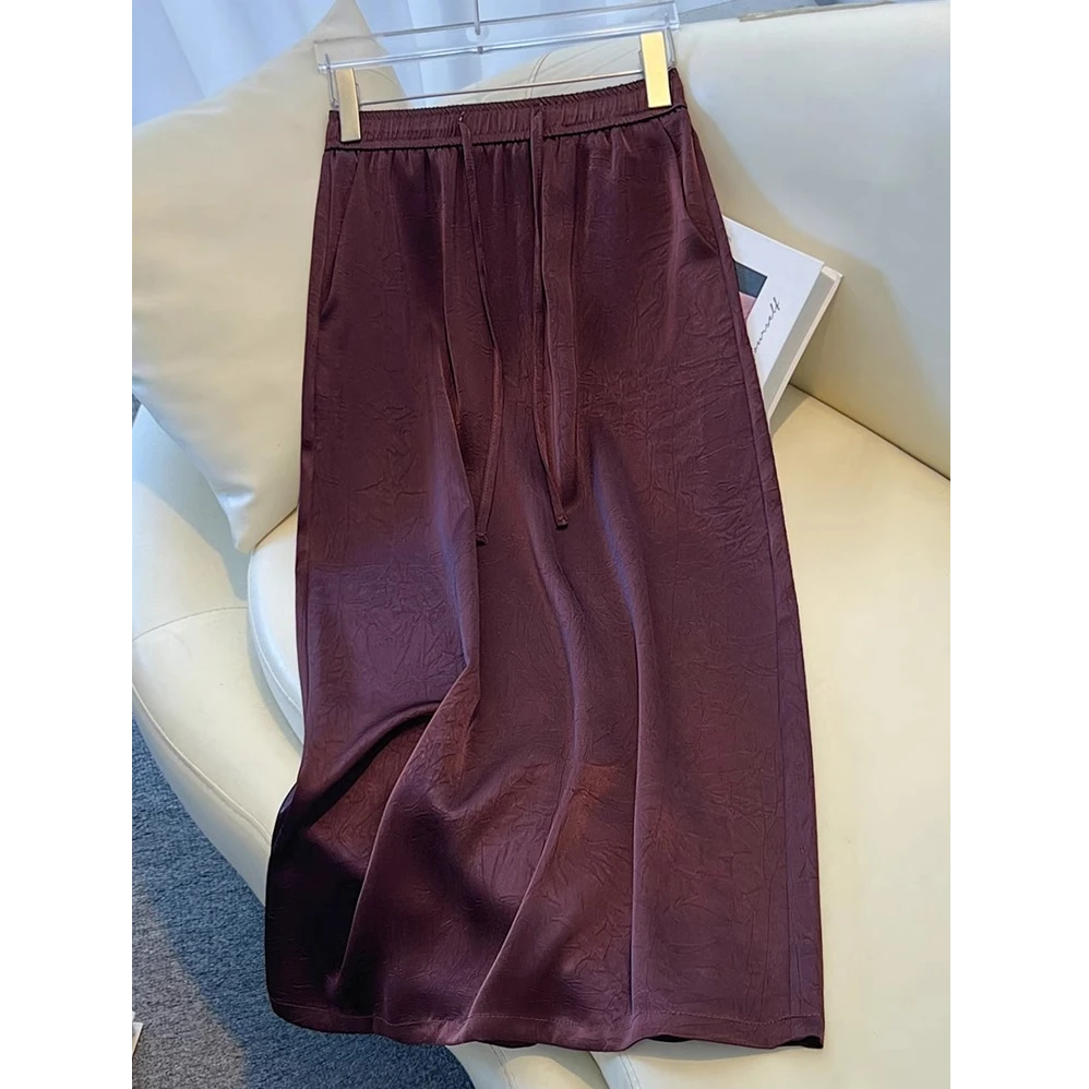 拉夏贝尔气质中长款a字包臀裙夏季2025新款高腰醋酸缎面半身长裙