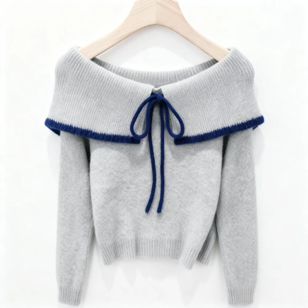 2025年秋季新款时尚休闲小众一字领短款海军宽松翻领百搭针织上衣