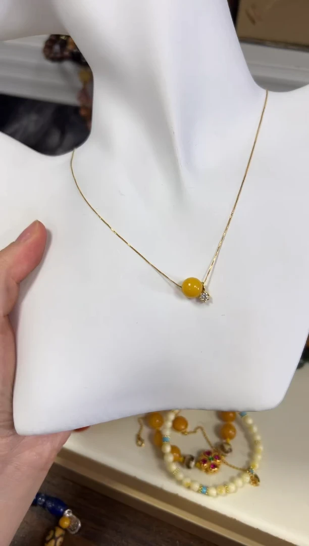 银S925镶嵌项链蜜蜡蜜蜡圆珠银配件款项链[1341]