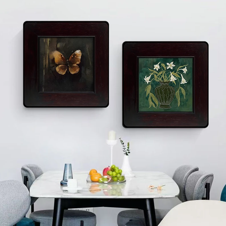 t42《绿韵瓶华》中古风客厅装饰画法式复古卧室挂画高级餐厅组合画