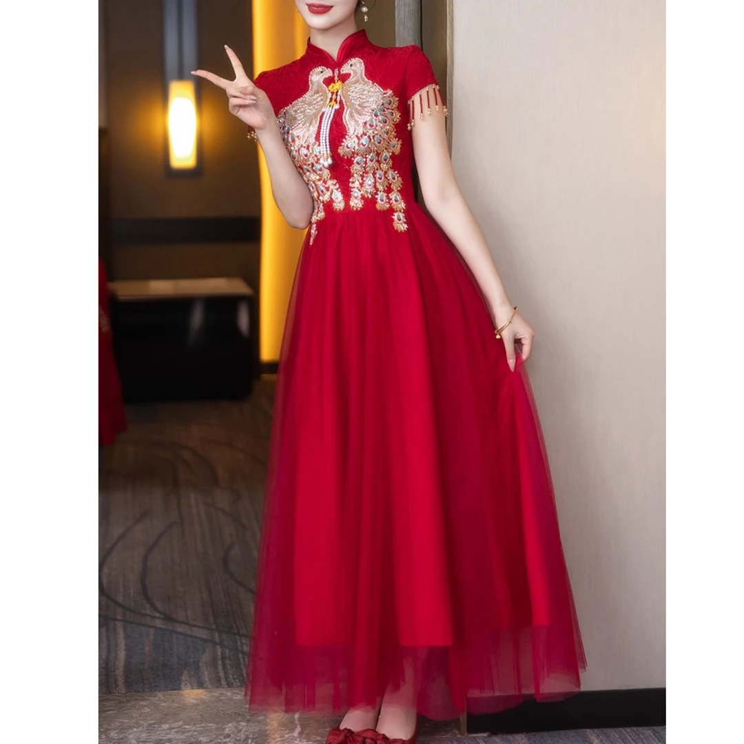 红色旗袍女新中式演出订婚礼服礼裙敬酒服新娘高端大气刺绣出阁宴