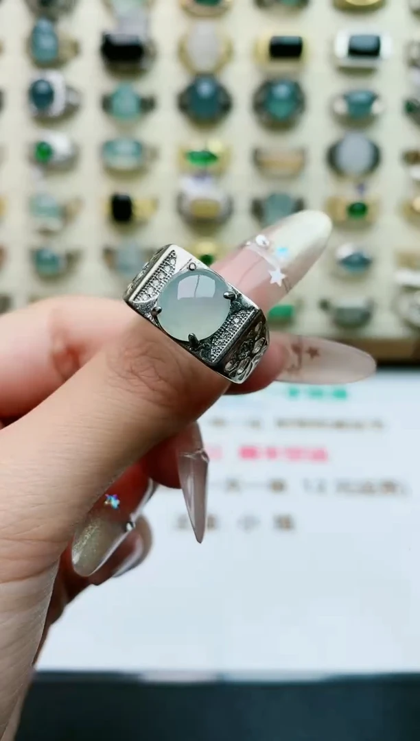 翡翠戒指银S925镶嵌天然翡翠男戒
