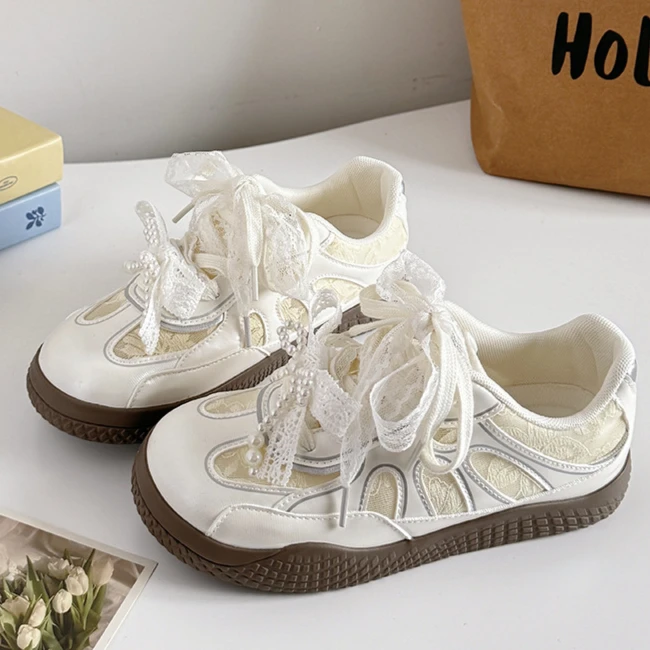 中学生女孩蕾丝透气单鞋德训鞋蝴蝶结粉色小白鞋透气防滑板鞋女