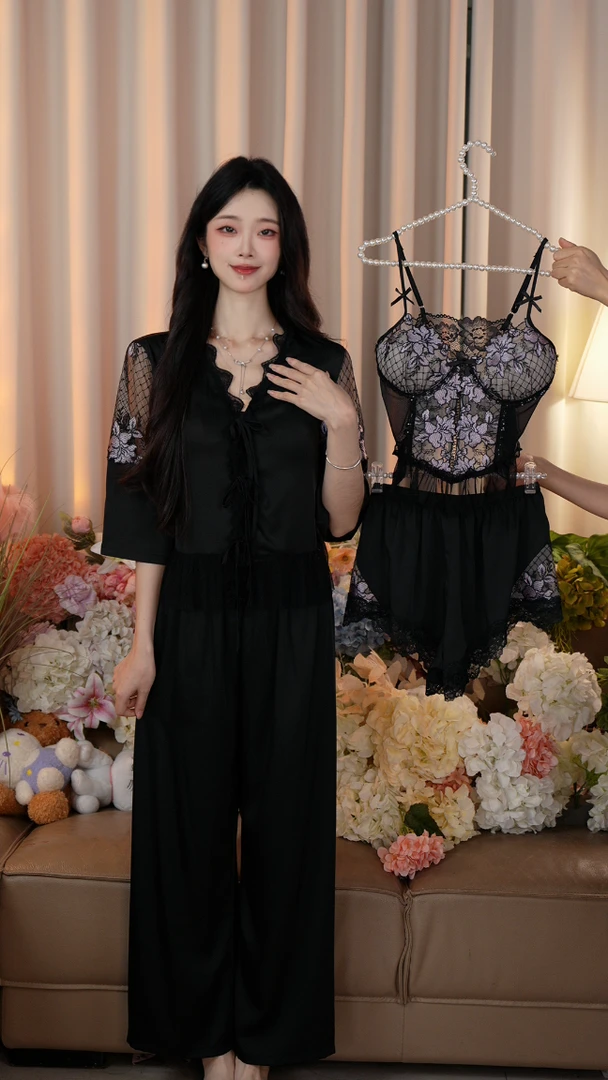 【柏林花事】女士吊带春夏新纯欲性感仙女风蕾丝刺绣睡衣家居服套装