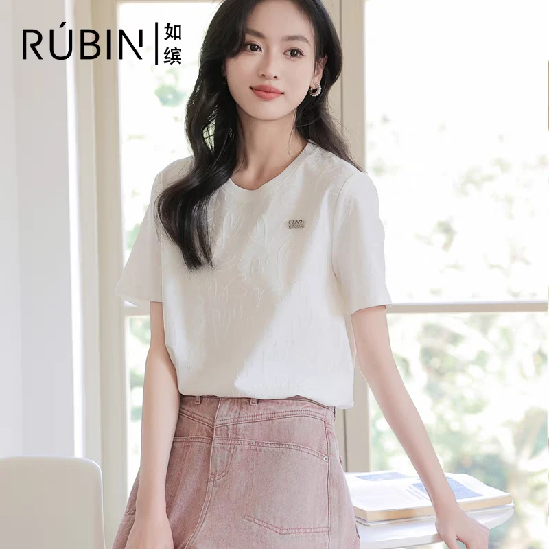 如缤RUBIN2024夏季款正品女装圆领短袖上衣时尚T恤宽松6L21T61166