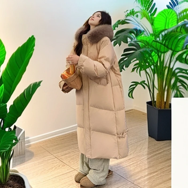大毛领中长款羽绒棉服女2025年新款宽松棉衣冬季加厚过膝棉外套