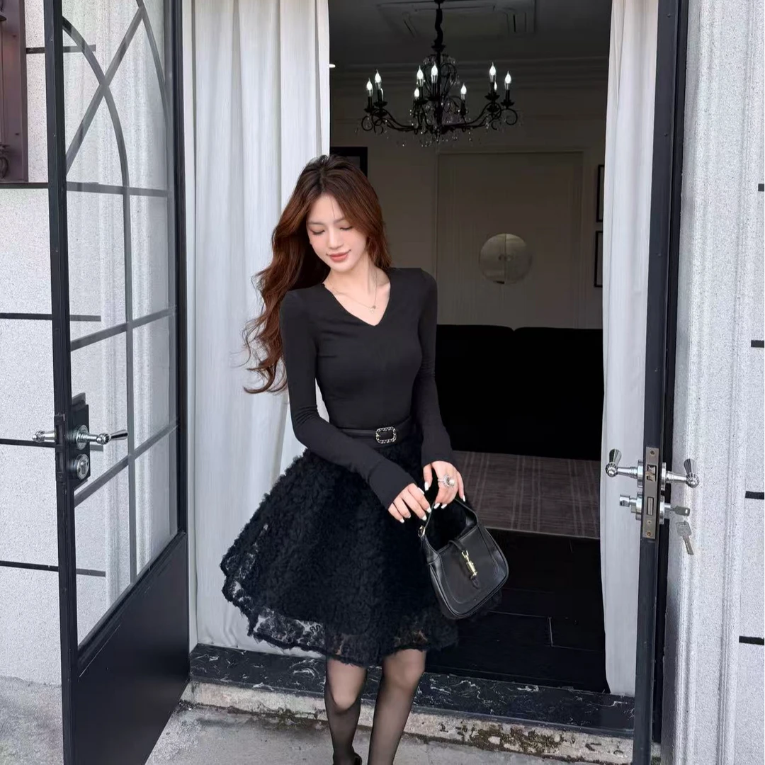 【暮光恋人】针织套装女气质设计感显瘦收腰长袖上衣+蓬蓬中裙