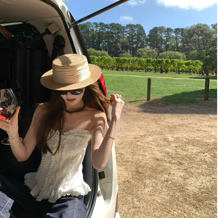 aaaaxbbb 游离云 白色花边胸衣吊带上衣短款修身显瘦设计感背心夏