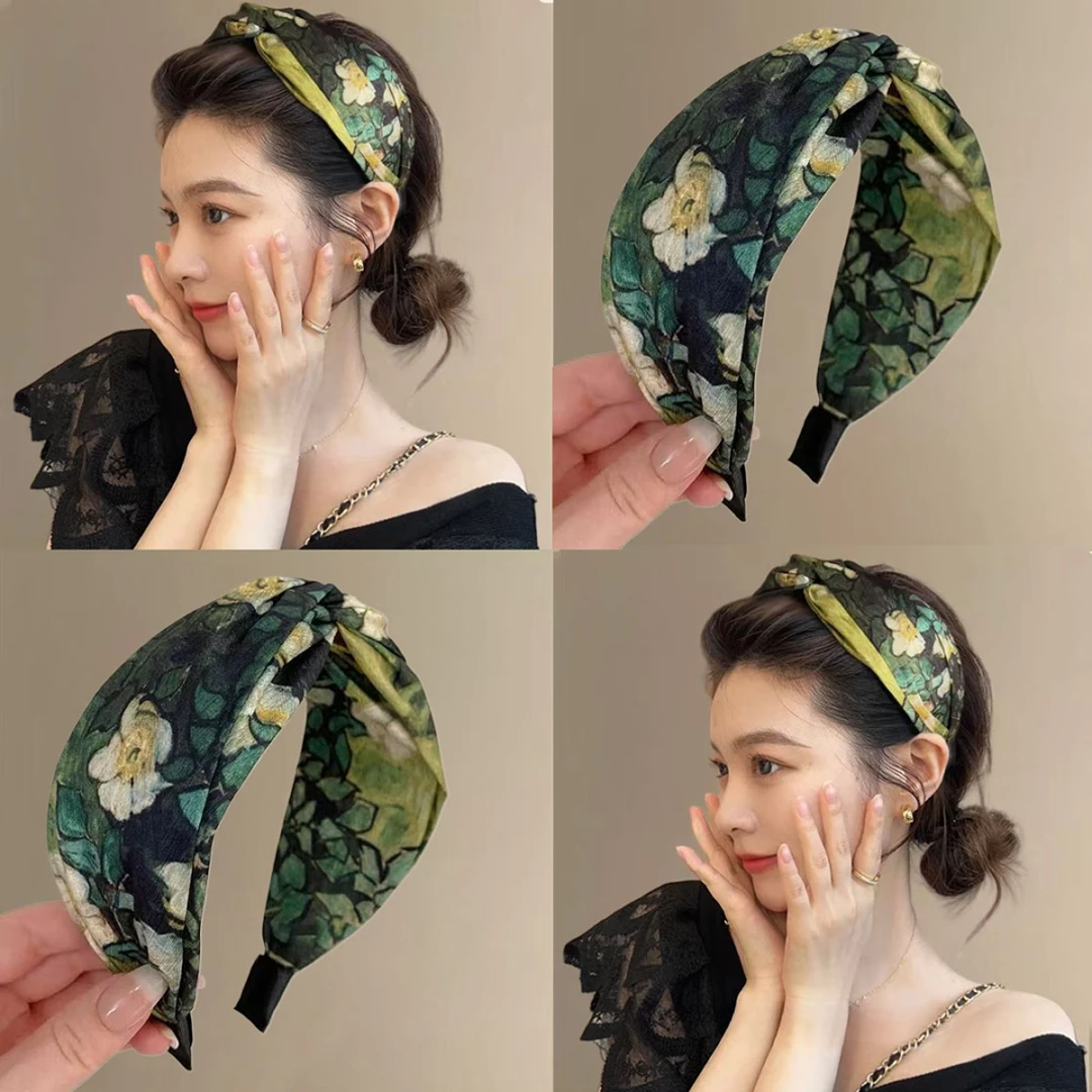 莫奈油画~复古高颅顶交叉发箍油画时尚宽边百搭头箍印花压发饰女