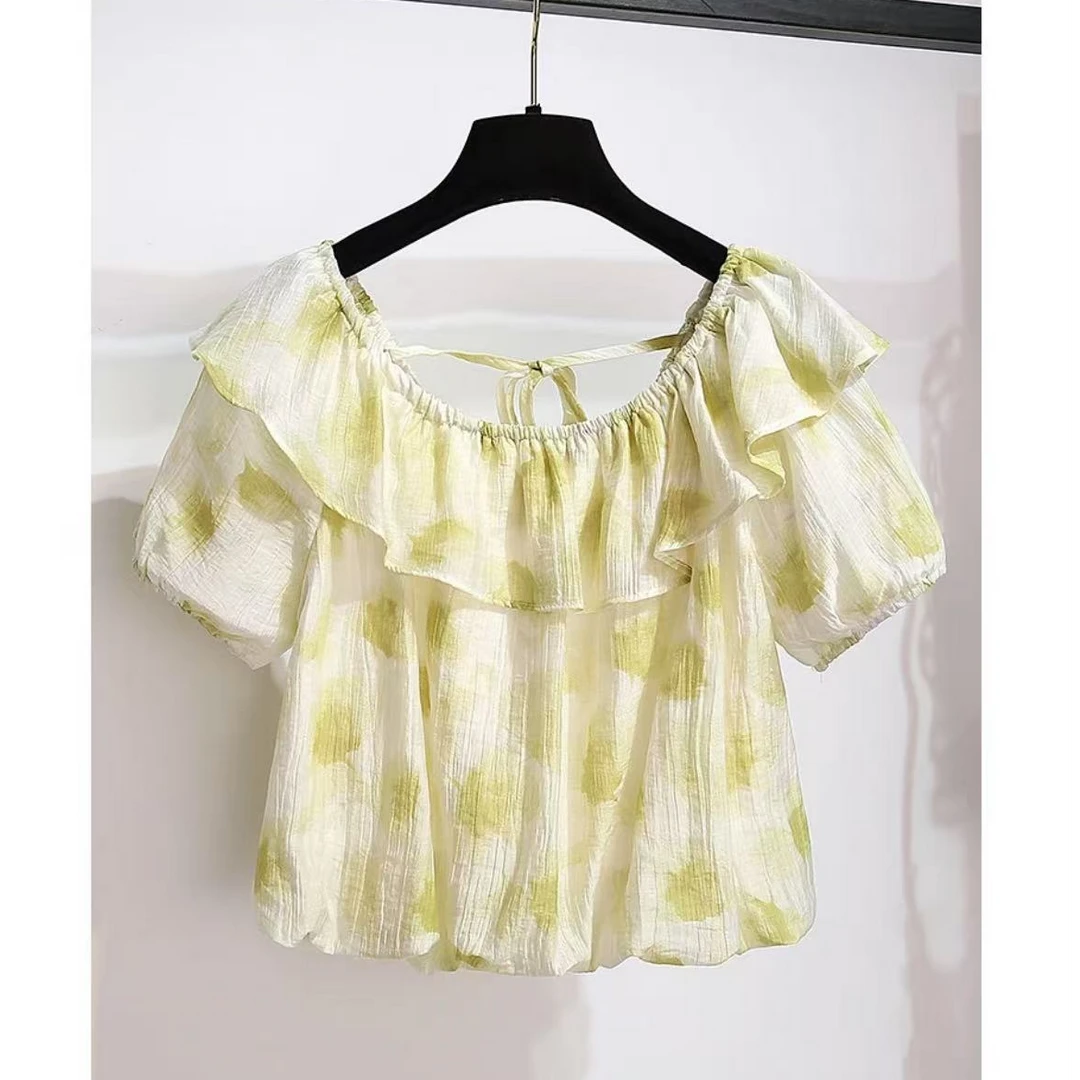 2469*别致甜辣很仙的短袖t恤衫女2025夏季短款荷叶边一字肩上衣