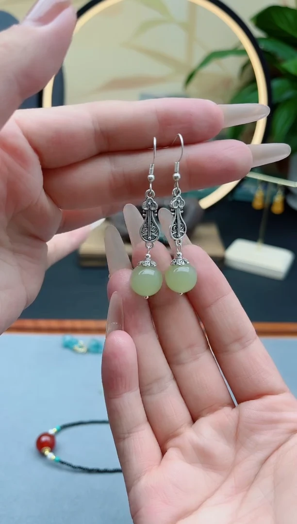 东陵石银S925镶嵌耳饰6233