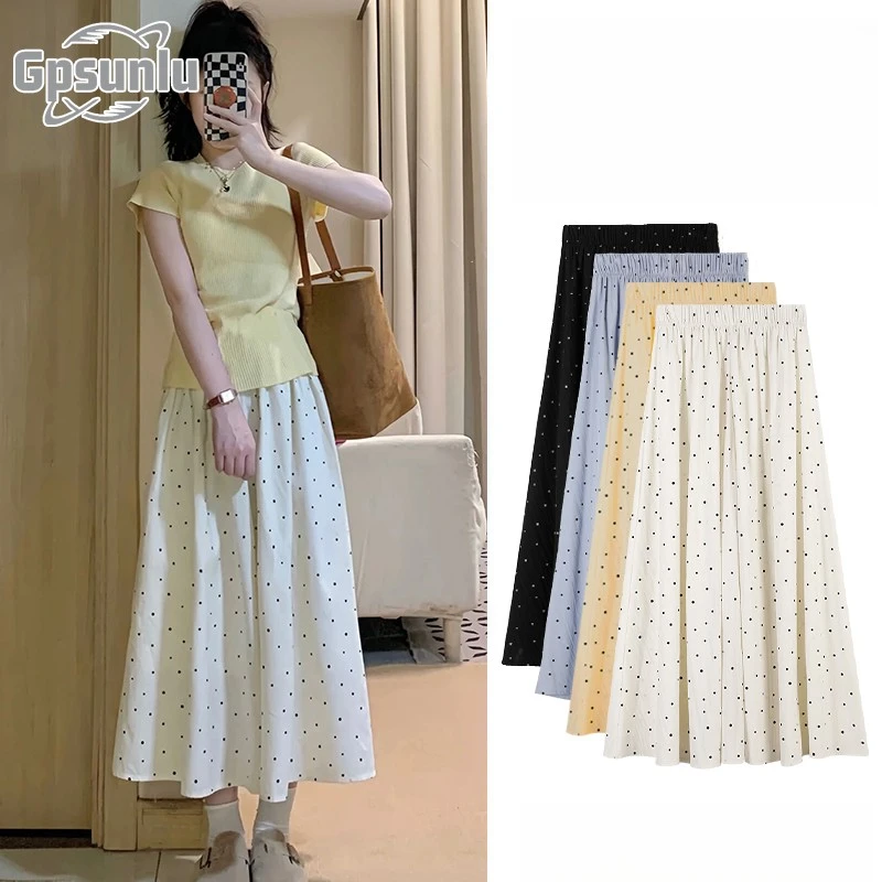 gpsunlu波点白色裙裤女夏季夏季新款高腰半身女士高腰显瘦喇叭裤