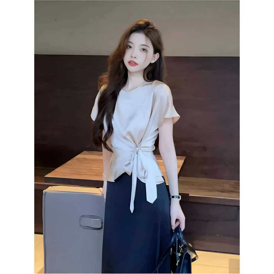 法式短袖衬衫女2025夏季新款蝴蝶结绑带醋酸缎面衬衣女款T恤上衣