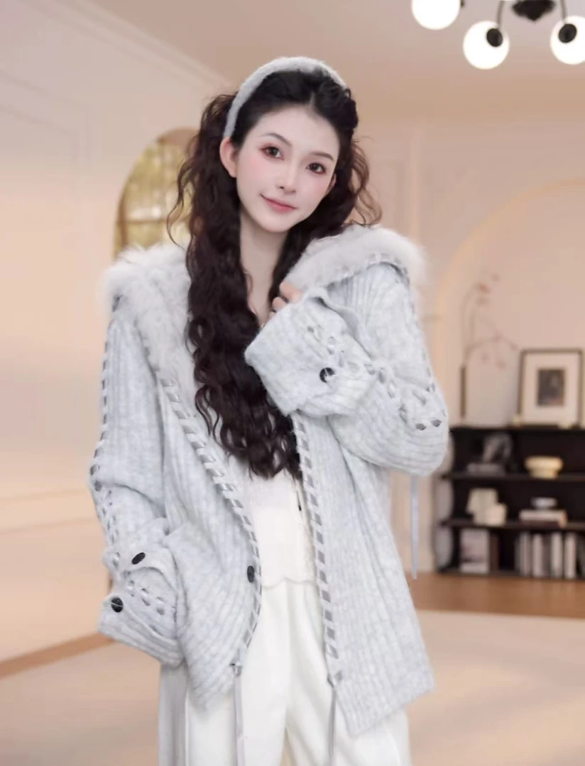 【YANYAN】早秋新款毛领抽绳坑条外套毛衣长袖YY-8951