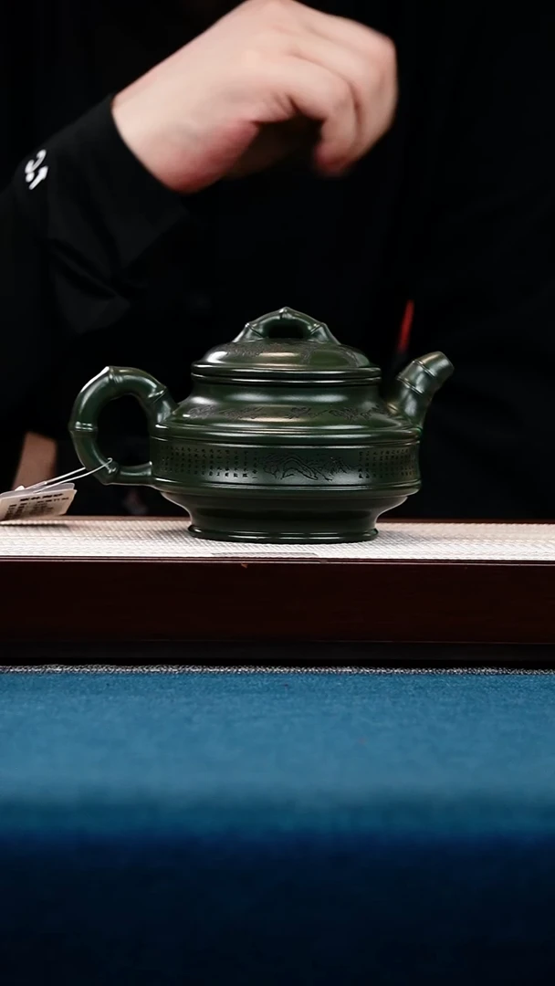 茶壶紫砂宜兴原矿全手工紫砂壶帝王绿泥双线竹鼓