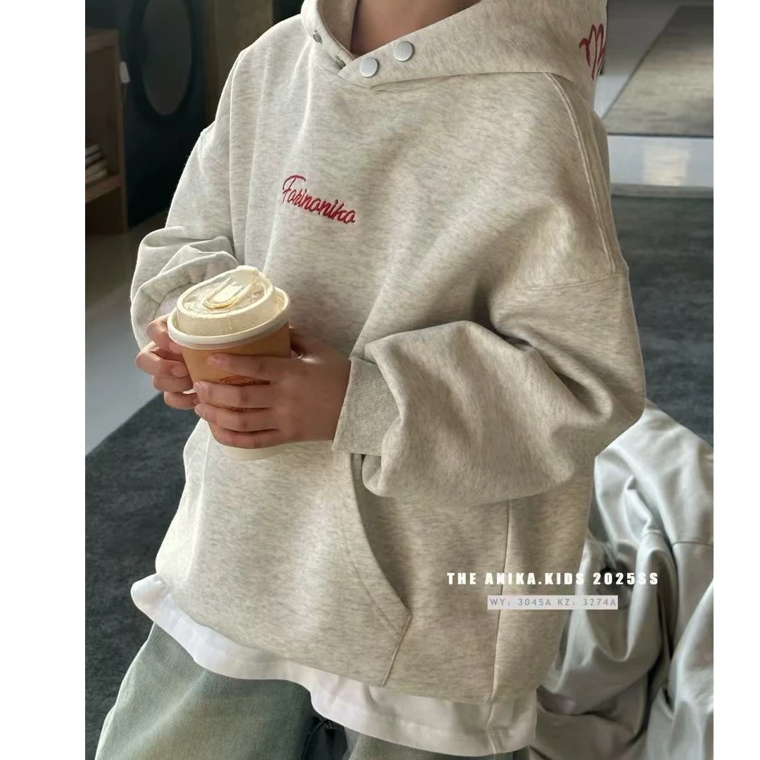 ANIKA新款白花灰卫衣连帽刺绣百搭新款男女生中大童设计感宽松