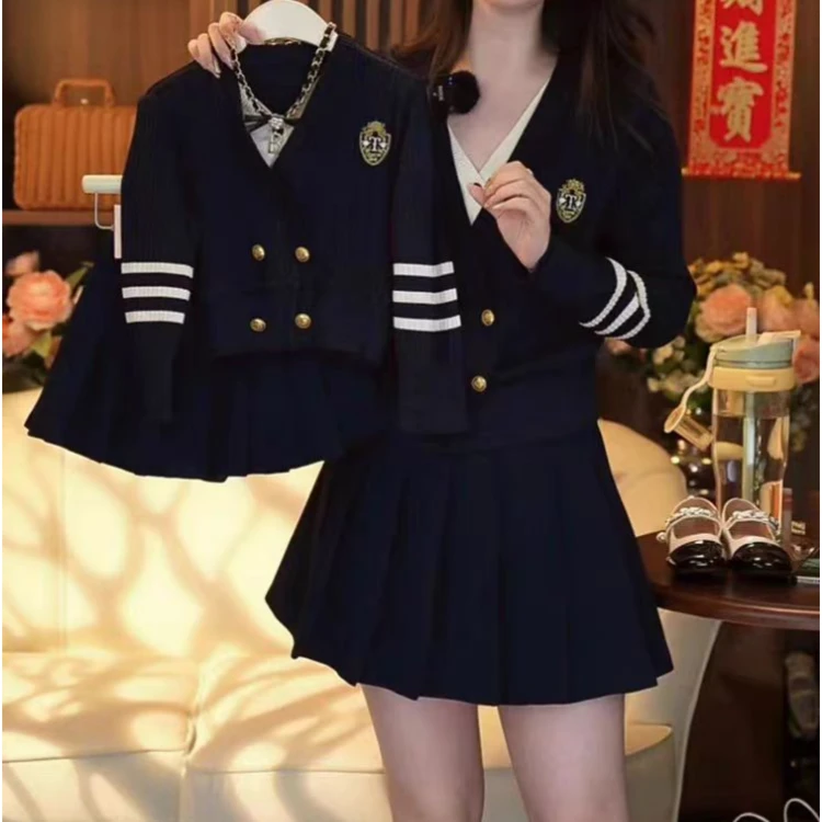 女童2025秋季蝴蝶结小香风毛衣开衫外套百褶裤裙亲子气质两件套