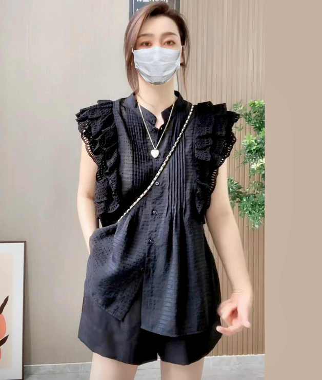 Miss.Z【清仓福利】轻薄气质蕾丝边显瘦无袖衬衫#7502