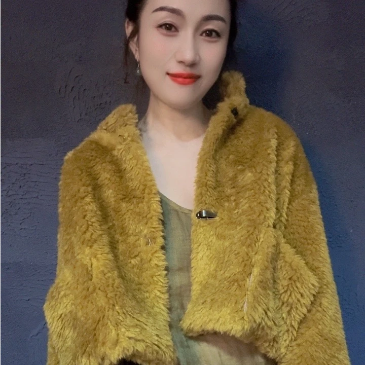 原创姜黄色毛毛小立领长袖带兜短款毛毛开衫【定制款】