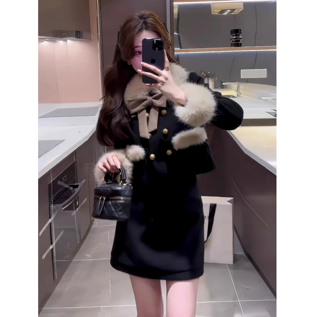 小香风套装女秋冬新款高级感毛领拼接撞色外套+高腰半身裙两件套