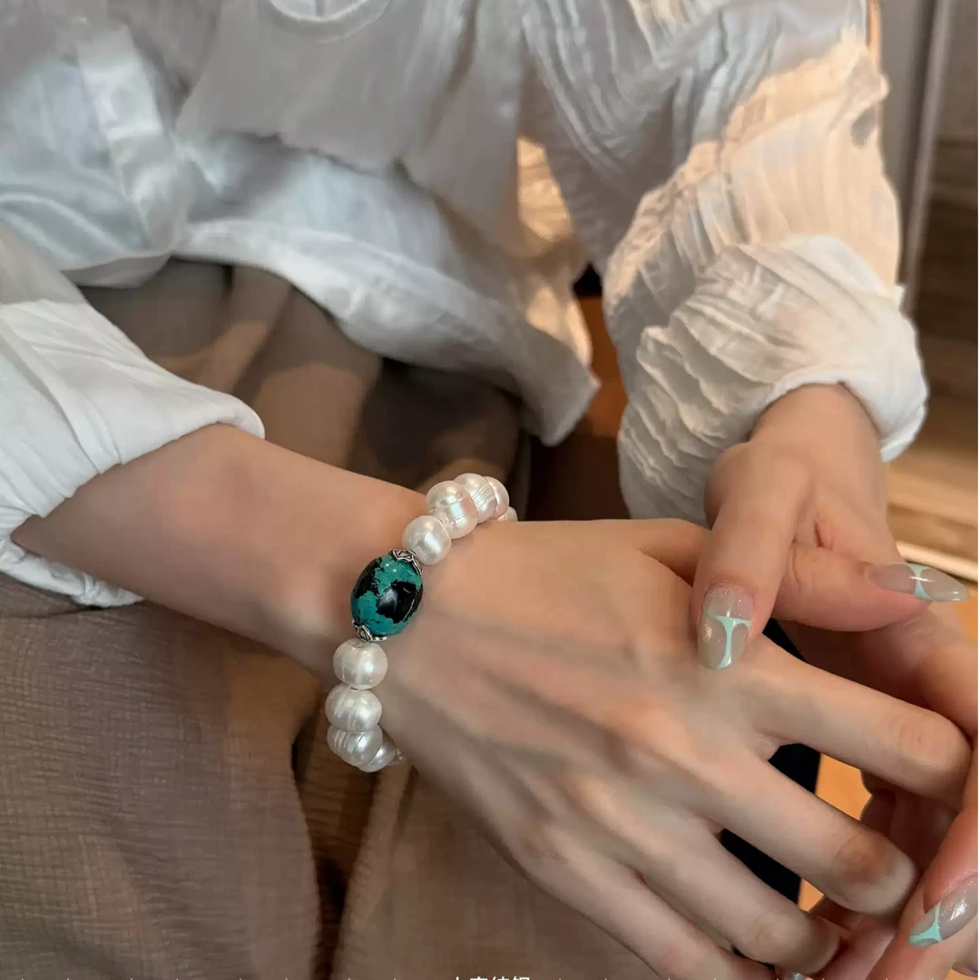 S11083<非晚>s925银珍珠绿松石（大小不一)蜜蜡牛皮弹力手串多样发